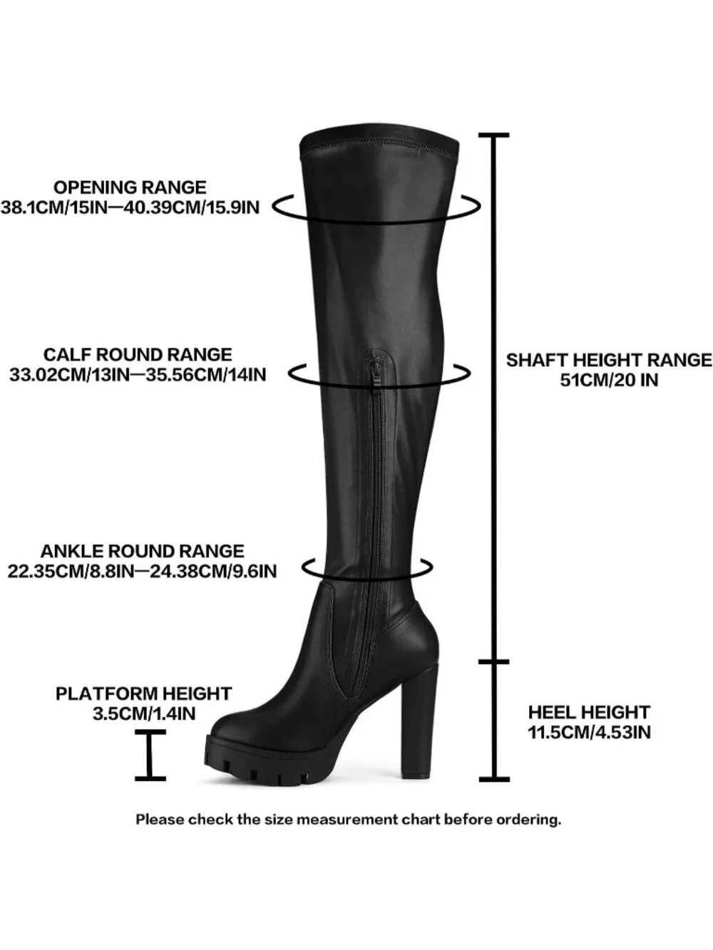 Women's Black Round Toe Faux Leather Chunky Heel Over The Knee High Boots